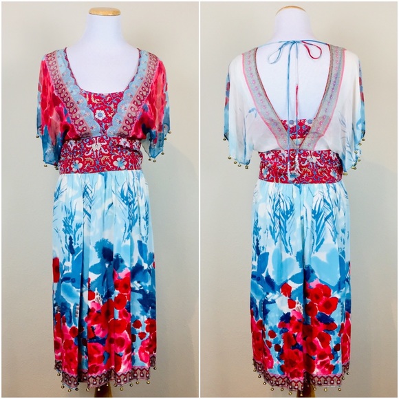 TRACY REESE Plenty Bohemian Silk Beaded Open Back Dress 4 SMALL Vintage 90s - Picture 12 of 13